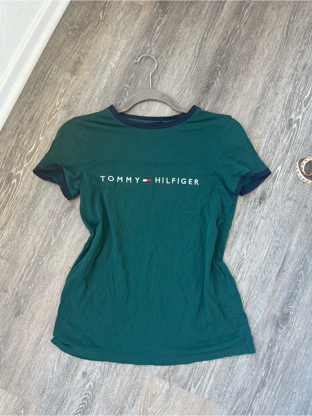 Tommy Hilfiger Forest Green Ringer Tee Shirt Logo XS Top Y2K Preppy